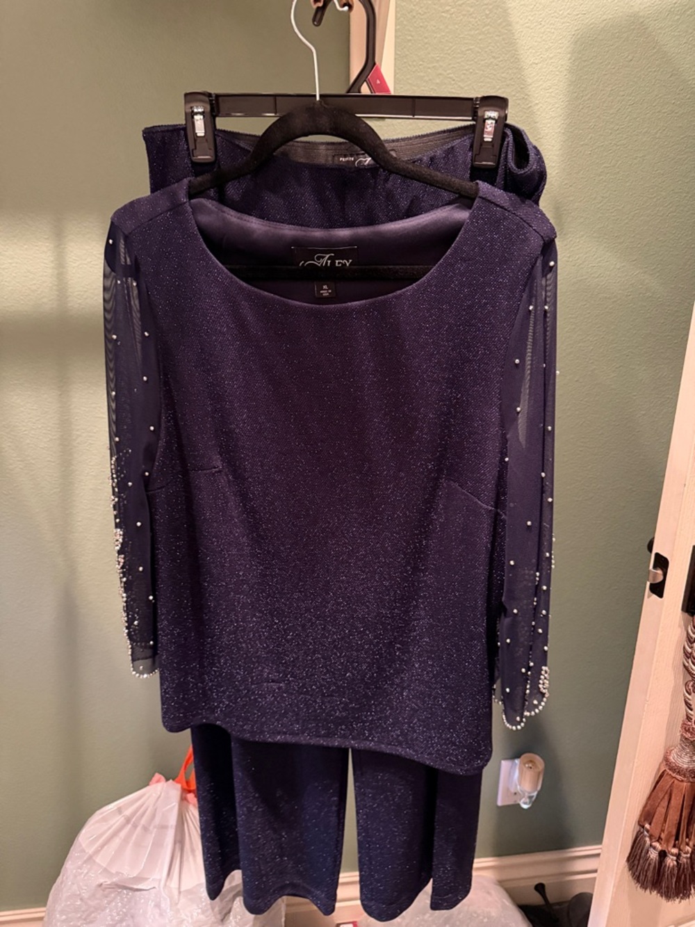 Alex Evenings Navy Sparkle Evening Pants Suit